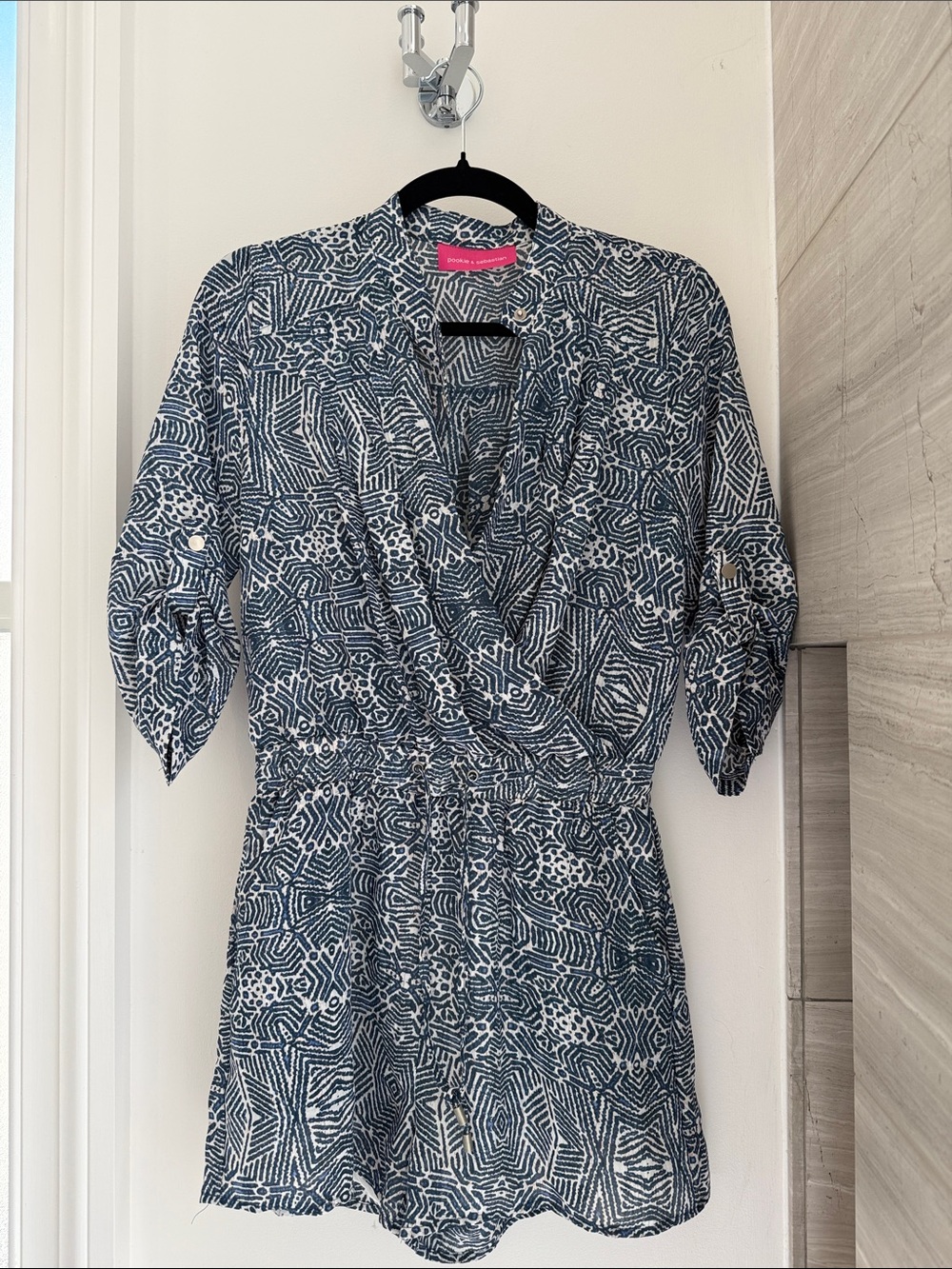 Womens Blue & White Printed Short Jumpsuit